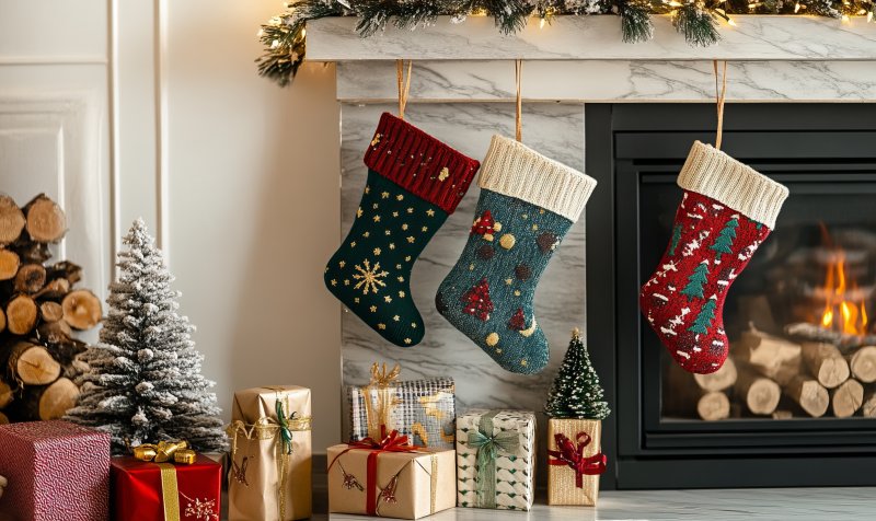 trio of stockings hanging on the mantle